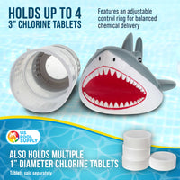 Open Jaws Great White Shark Floating Pool Chlorine Dispenser, Collapsible Base, Holds 3" Tablets - Scary Teeth, Animal Float Floater