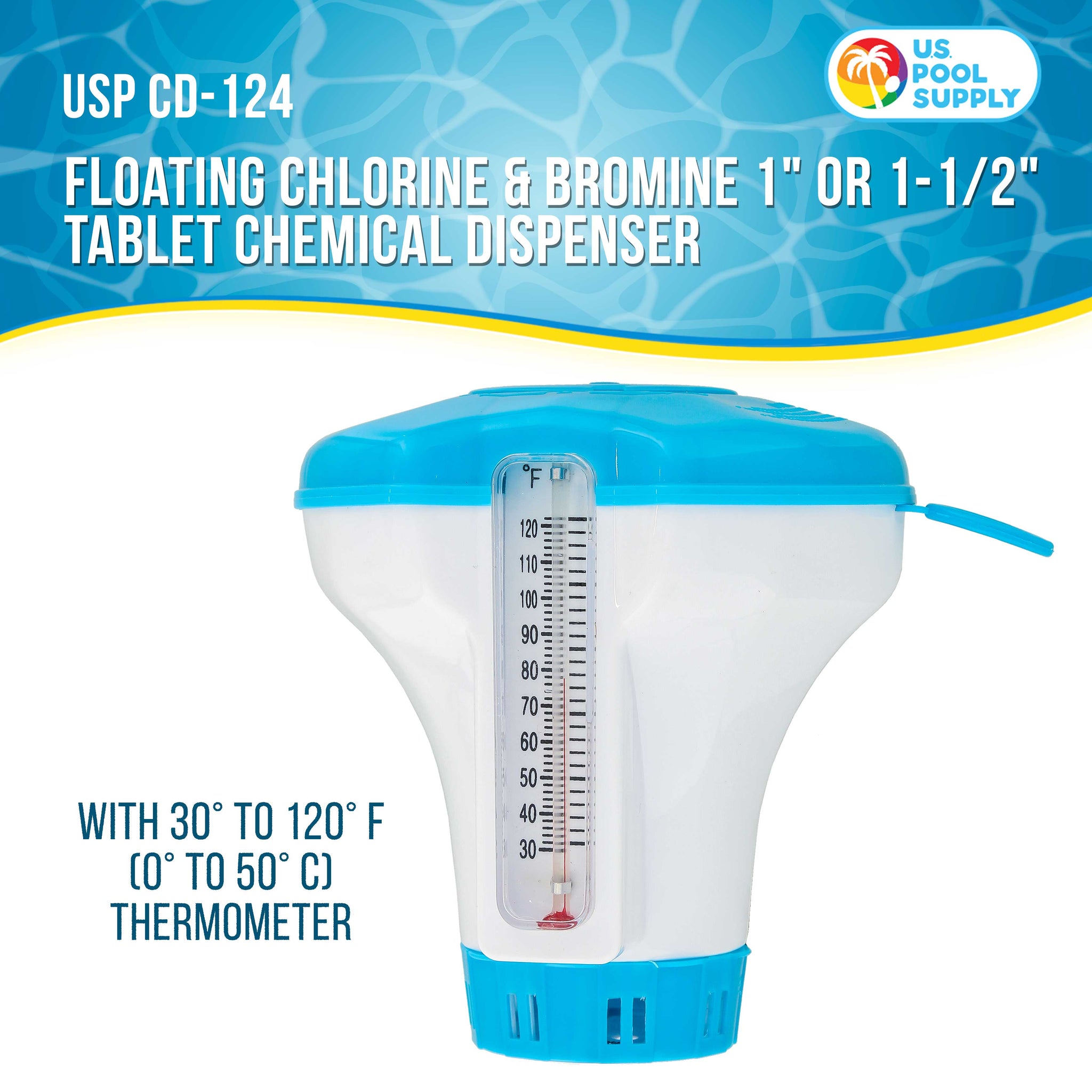 Spa, Hot Tub, Small Pool, 4-1/2" Diameter Floating Chlorine & Bromine Chemical Dispenser with 120° F Thermometer, 1" or 1-1/2" Tablet