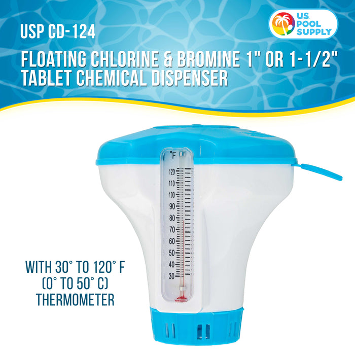 U.S. Pool Supply® Spa, Hot Tub, Small Pool, 4-1/2" Diameter Floating Chlorine & Bromine Chemical Dispenser with 120° F Thermometer, 1" or 1-1/2" Tablet