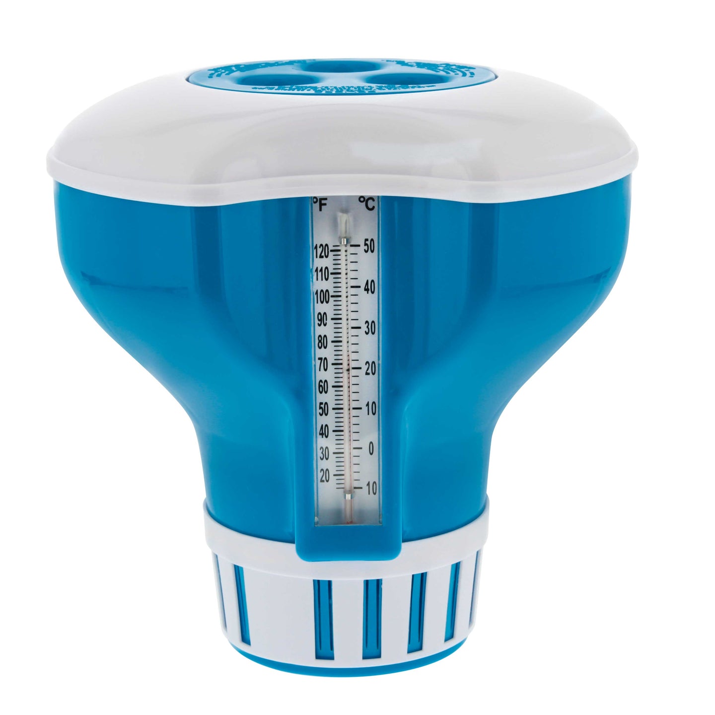 Large Pool Floating Chlorine Chemical Dispenser with 120° F Thermometer, 7" Diameter, Holds 3" Tablets, Adjustable Chemical Delivery