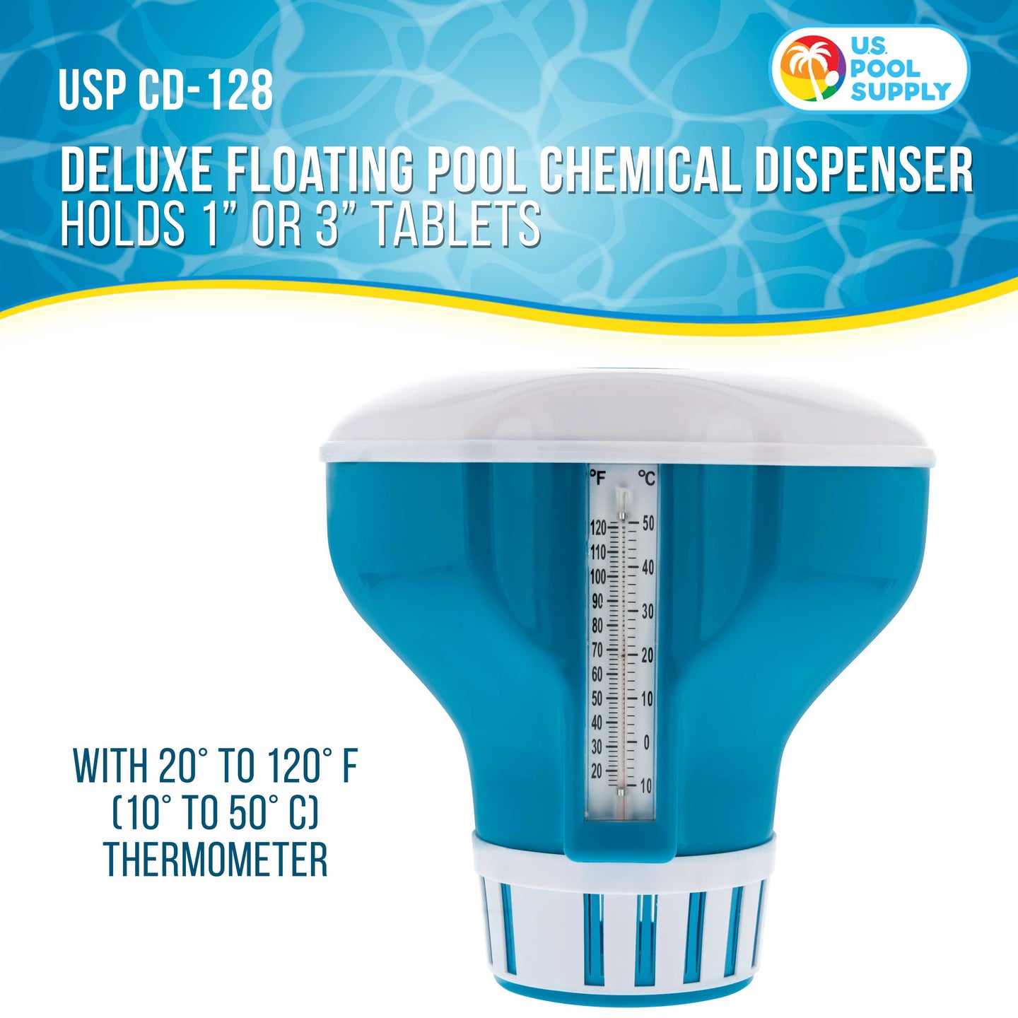 Large Pool Floating Chlorine Chemical Dispenser with 120° F Thermometer, 7" Diameter, Holds 3" Tablets, Adjustable Chemical Delivery