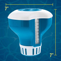 Large Pool Floating Chlorine Chemical Dispenser with 120° F Thermometer, 7" Diameter, Holds 3" Tablets, Adjustable Chemical Delivery