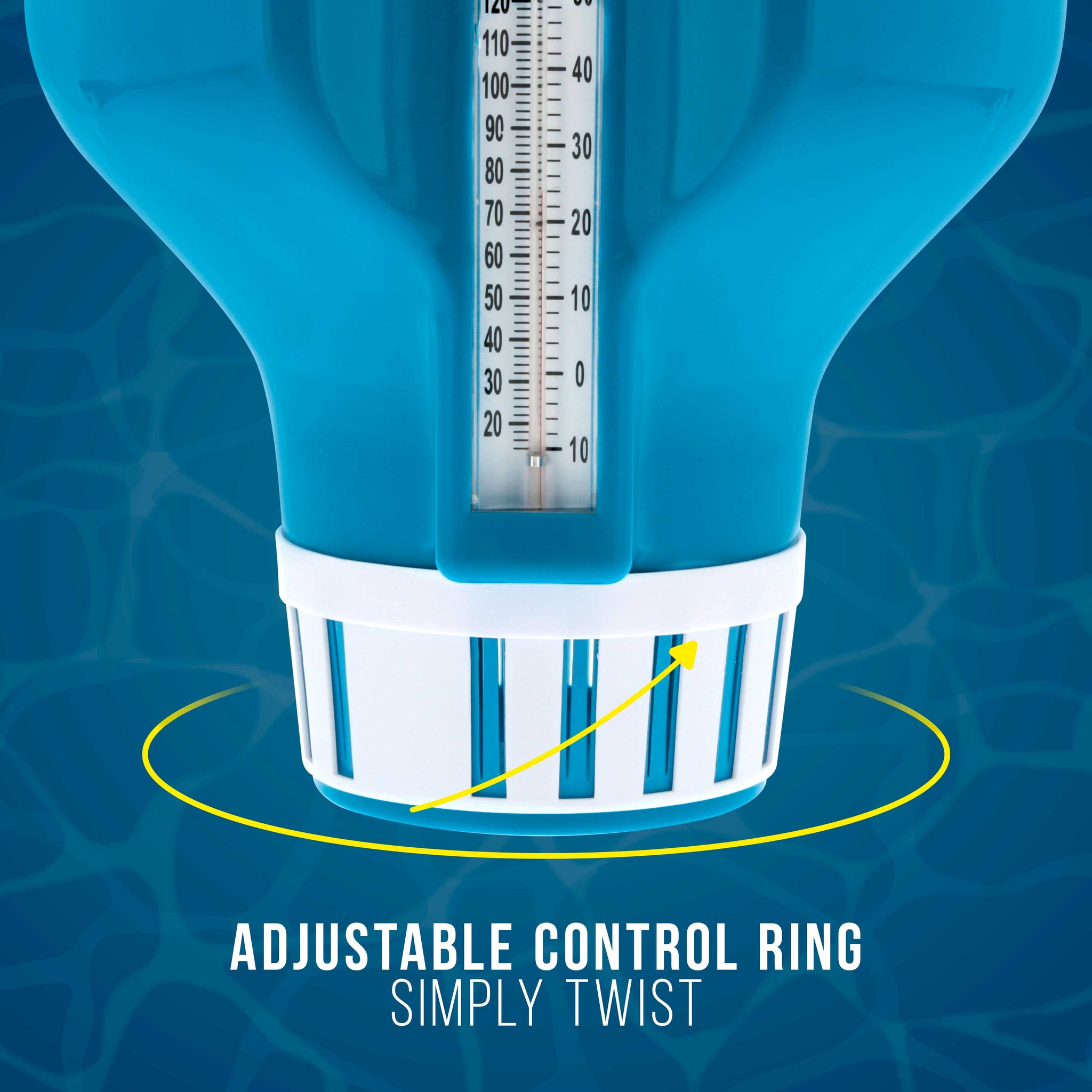 Large Pool Floating Chlorine Chemical Dispenser with 120° F Thermometer, 7" Diameter, Holds 3" Tablets, Adjustable Chemical Delivery
