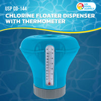 Pool Chlorine Floater Dispenser with Thermometer - 8" Diameter Floating Chlorinator, Large Capacity Holds 3" Tablets - Adjustable Ring for Balanced Chemical Delivery
