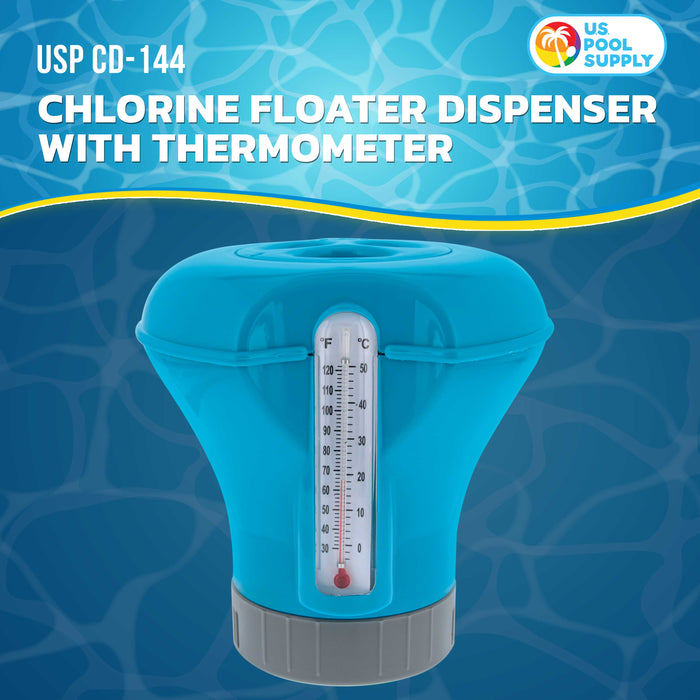 U.S. Pool Supply Pool Chlorine Floater Dispenser with Thermometer - 8" Diameter Floating Chlorinator, Large Capacity Holds 3" Tablets - Adjustable Ring for Balanced Chemical Delivery