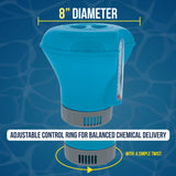 Pool Chlorine Floater Dispenser with Thermometer - 8" Diameter Floating Chlorinator, Large Capacity Holds 3" Tablets - Adjustable Ring for Balanced Chemical Delivery