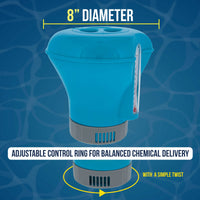 Pool Chlorine Floater Dispenser with Thermometer - 8" Diameter Floating Chlorinator, Large Capacity Holds 3" Tablets - Adjustable Ring for Balanced Chemical Delivery