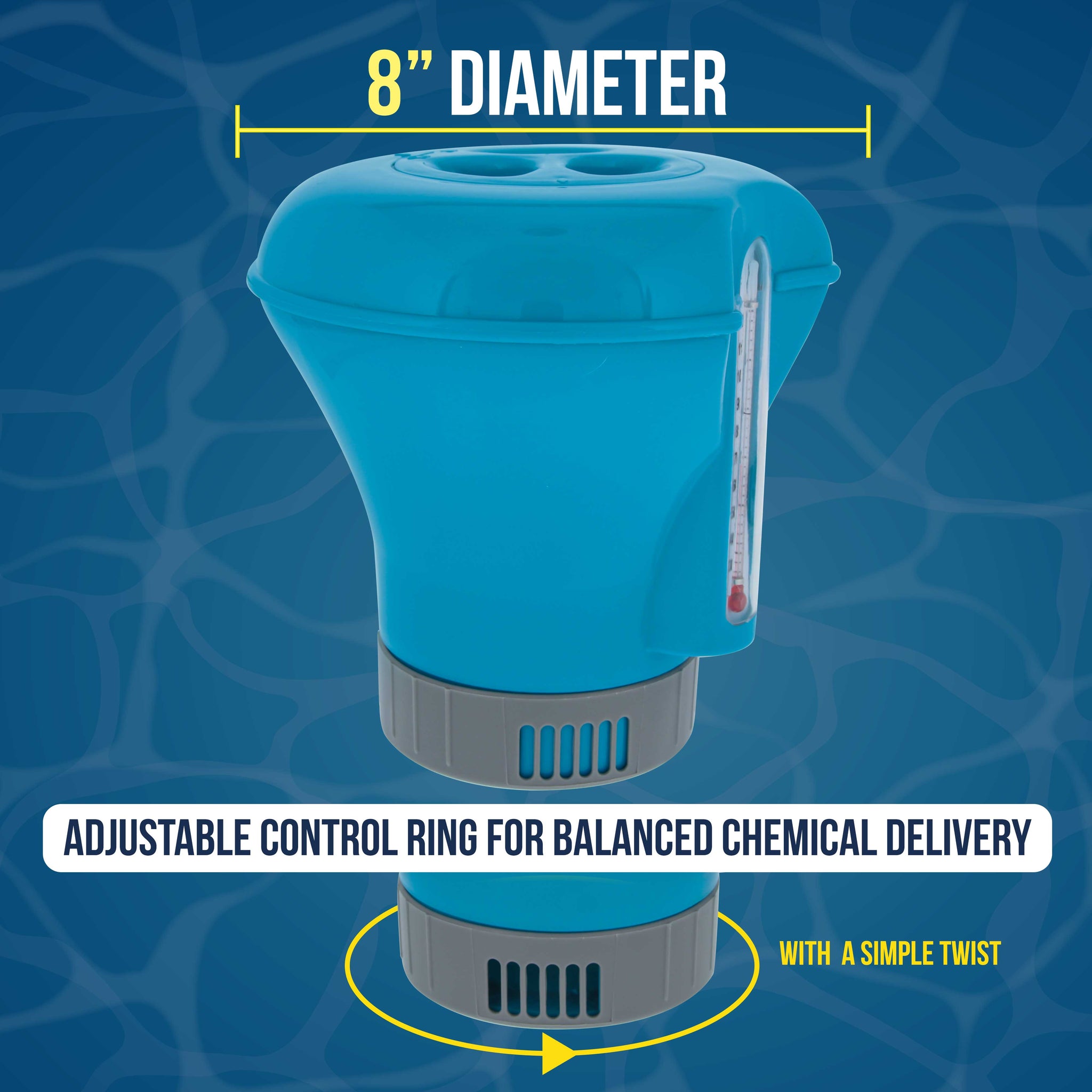 Pool Chlorine Floater Dispenser with Thermometer - 8" Diameter Floating Chlorinator, Large Capacity Holds 3" Tablets - Adjustable Ring for Balanced Chemical Delivery