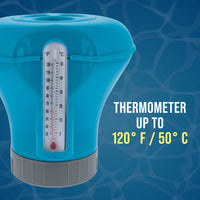 Pool Chlorine Floater Dispenser with Thermometer - 8" Diameter Floating Chlorinator, Large Capacity Holds 3" Tablets - Adjustable Ring for Balanced Chemical Delivery