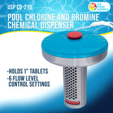 Floating Spa, Hot Tub & Small Pool Chlorine and Bromine Chemical Dispenser - Holds 1" Tablets, 6 Flow Level Control Settings