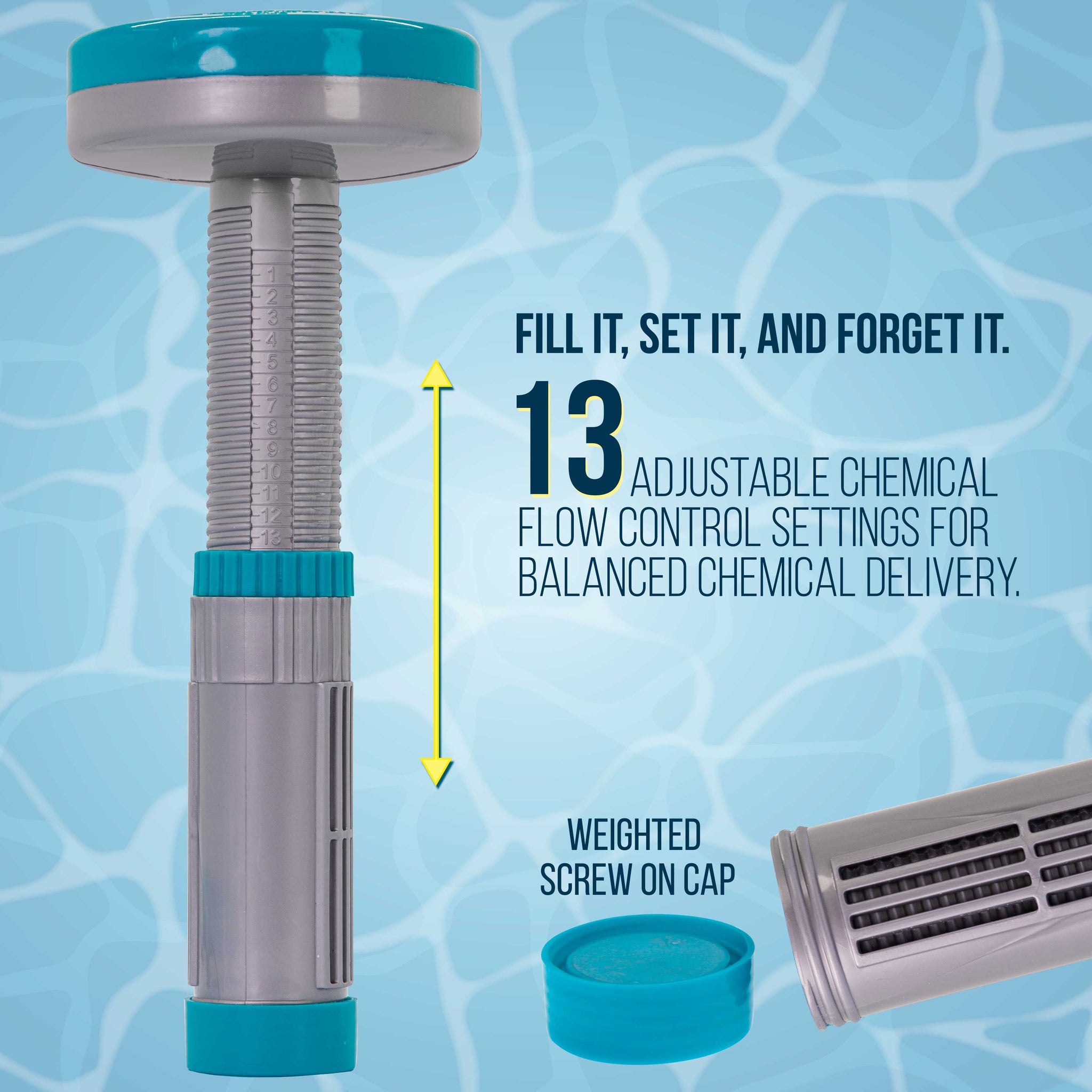 Floating Spa, Hot Tub & Small Pool Chlorine and Bromine Chemical Dispenser - Holds 1" Tablets, 13 Flow Level Control Settings