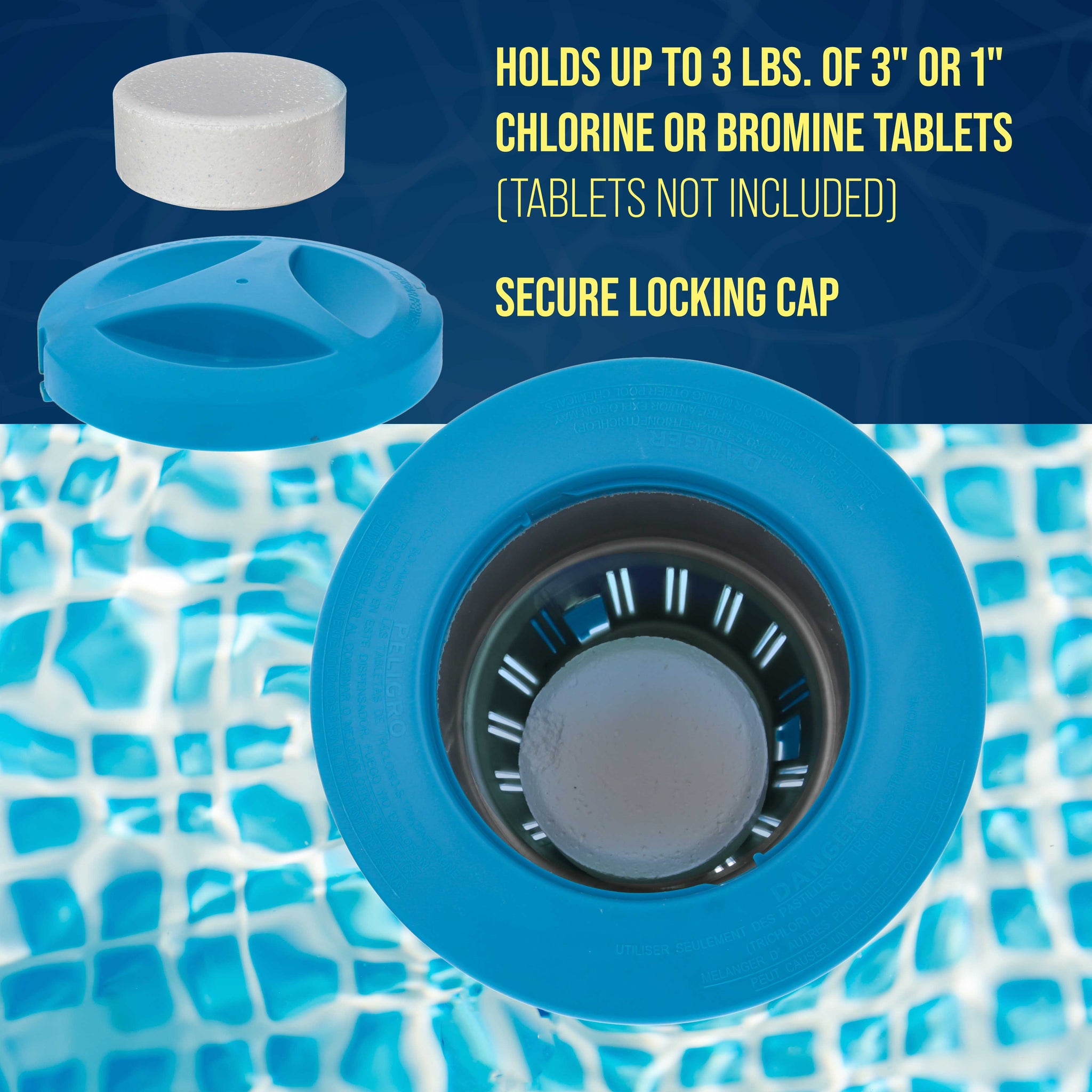 Deluxe Pool Chlorine Floater Dispenser - 3" Tablets, 7" Diameter - Inground & Above Ground Swimming Pools, Large Floating Chlorinator