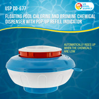Floating Pool Chlorine and Bromine Chemical Dispenser with Pop-Up Refill Indicator - Holds 3" and 4" Tablets, 8" Diameter - Balanced Chemical Delivery