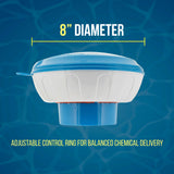 Floating Pool Chlorine and Bromine Chemical Dispenser with Pop-Up Refill Indicator - Holds 3" and 4" Tablets, 8" Diameter - Balanced Chemical Delivery
