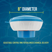 Floating Pool Chlorine and Bromine Chemical Dispenser with Pop-Up Refill Indicator - Holds 3" and 4" Tablets, 8" Diameter - Balanced Chemical Delivery