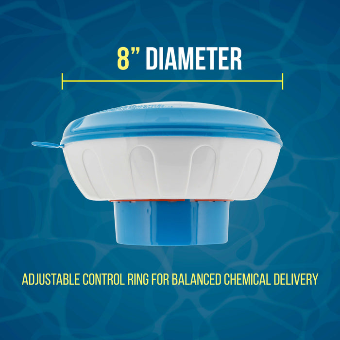 U.S. Pool Supply® Floating Pool Chlorine and Bromine Chemical Dispenser with Pop-Up Refill Indicator - Holds 3" and 4" Tablets, 8" Diameter - Balanced Chemical Delivery