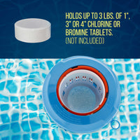 Floating Pool Chlorine and Bromine Chemical Dispenser with Pop-Up Refill Indicator - Holds 3" and 4" Tablets, 8" Diameter - Balanced Chemical Delivery