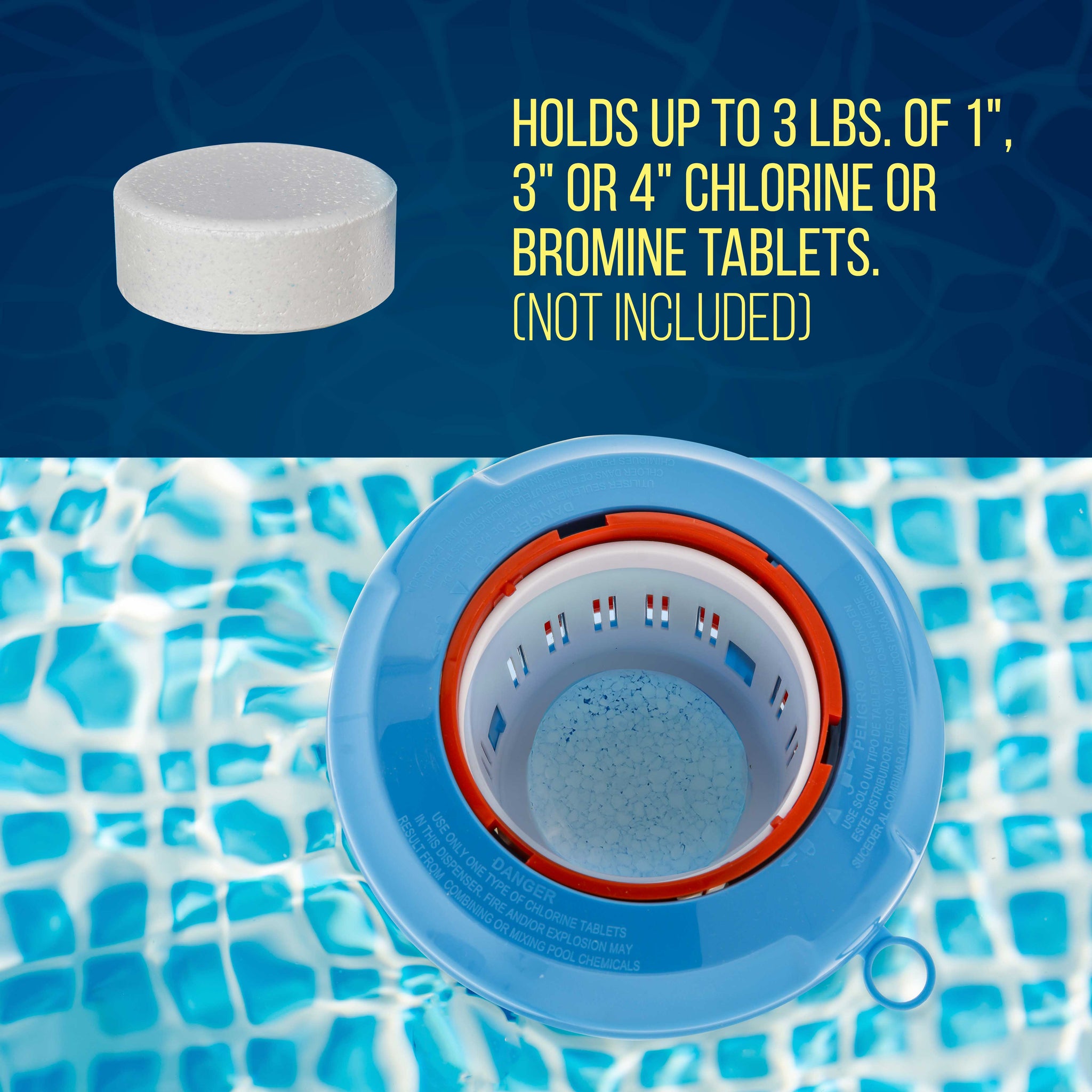 Floating Pool Chlorine and Bromine Chemical Dispenser with Pop-Up Refill Indicator - Holds 3" and 4" Tablets, 8" Diameter - Balanced Chemical Delivery