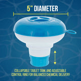 Pool & Spa Floating Chlorine & Bromine 1" Tablet Chemical Dispenser, 5" Diameter, Collapsible Floater