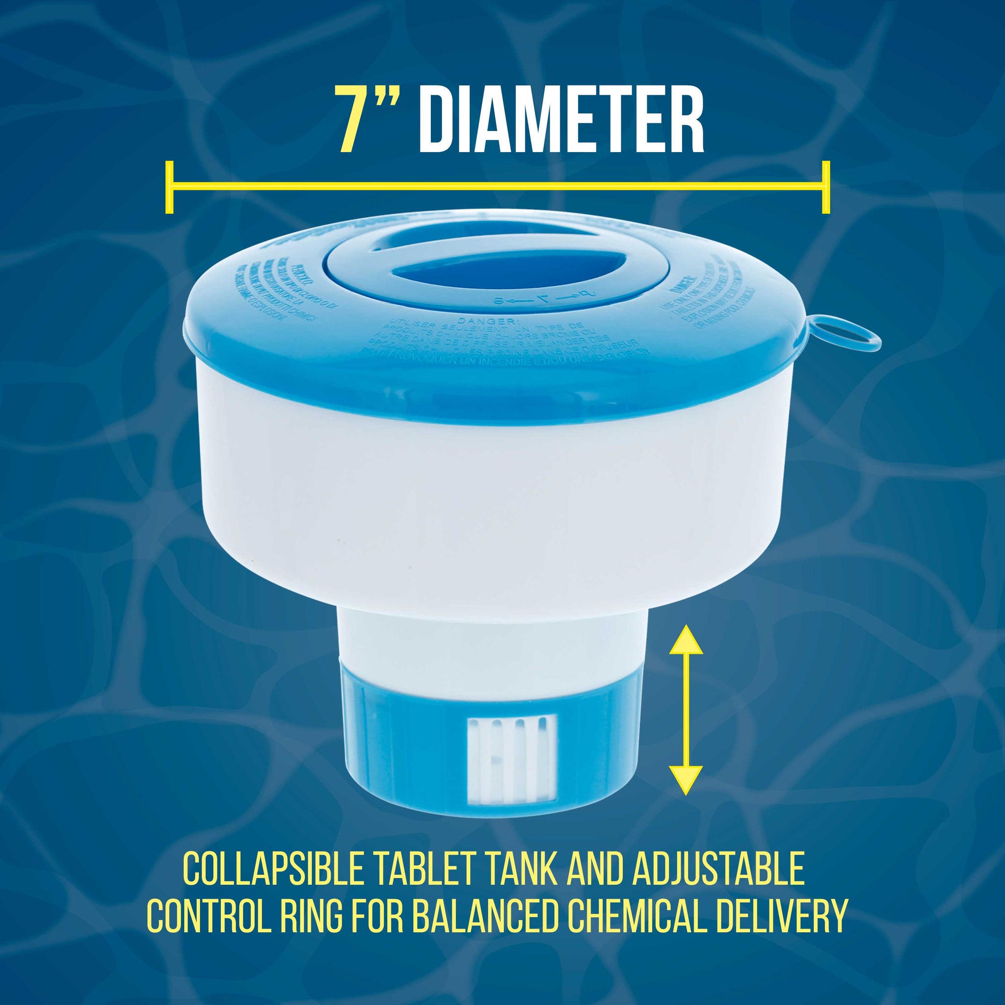 Pool Floating Collapsible Chlorine 3" Tablet Chemical Dispenser, 7" Diameter, Collapsible Tank