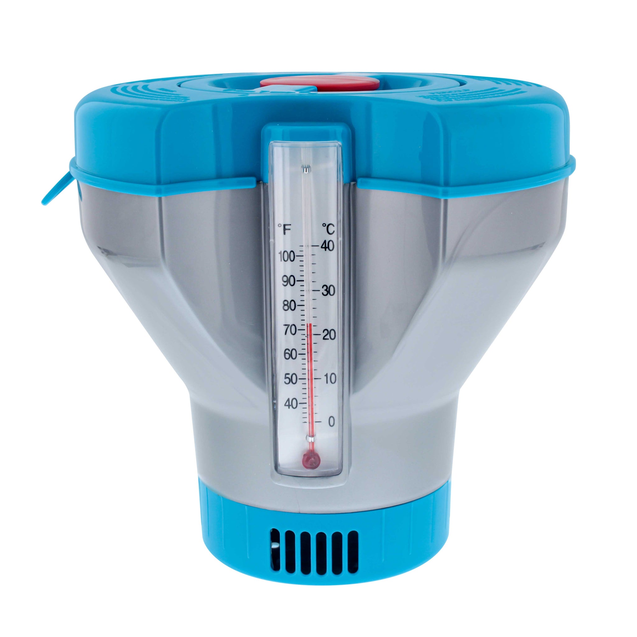Deluxe Pool Chlorine Floater Dispenser with 100° F Thermometers on Each Side, Pop-Up Refill Indicator - Large Capacity Holds 3", 4" Tablets 8" Diameter Floating Chlorinator