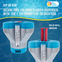 Deluxe Pool Chlorine Floater Dispenser with 100° F Thermometers on Each Side, Pop-Up Refill Indicator - Large Capacity Holds 3", 4" Tablets 8" Diameter Floating Chlorinator