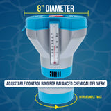 Deluxe Pool Chlorine Floater Dispenser with 100° F Thermometers on Each Side, Pop-Up Refill Indicator - Large Capacity Holds 3", 4" Tablets 8" Diameter Floating Chlorinator
