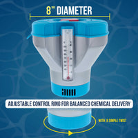 Deluxe Pool Chlorine Floater Dispenser with 100° F Thermometers on Each Side, Pop-Up Refill Indicator - Large Capacity Holds 3", 4" Tablets 8" Diameter Floating Chlorinator