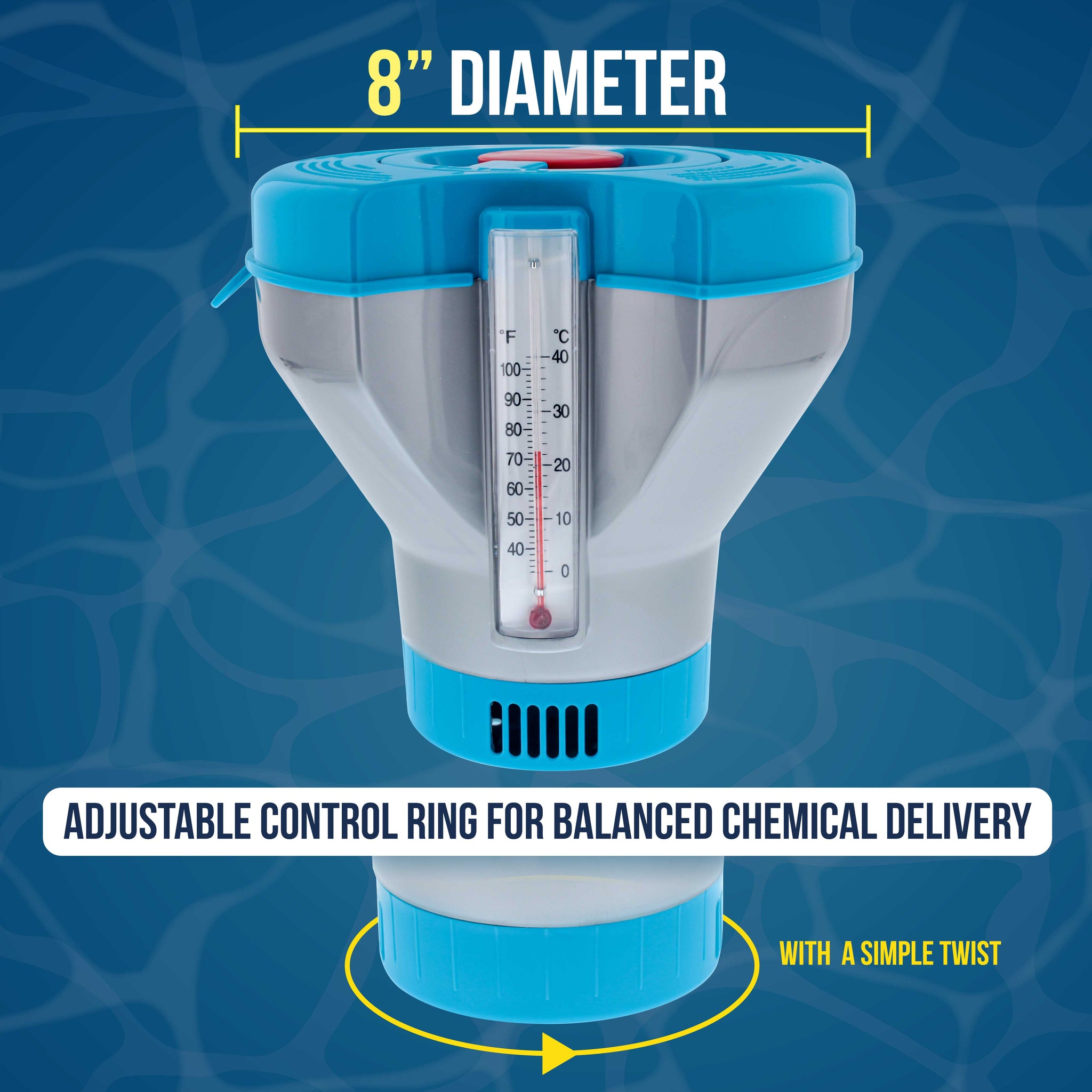 Deluxe Pool Chlorine Floater Dispenser with 100° F Thermometers on Each Side, Pop-Up Refill Indicator - Large Capacity Holds 3", 4" Tablets 8" Diameter Floating Chlorinator