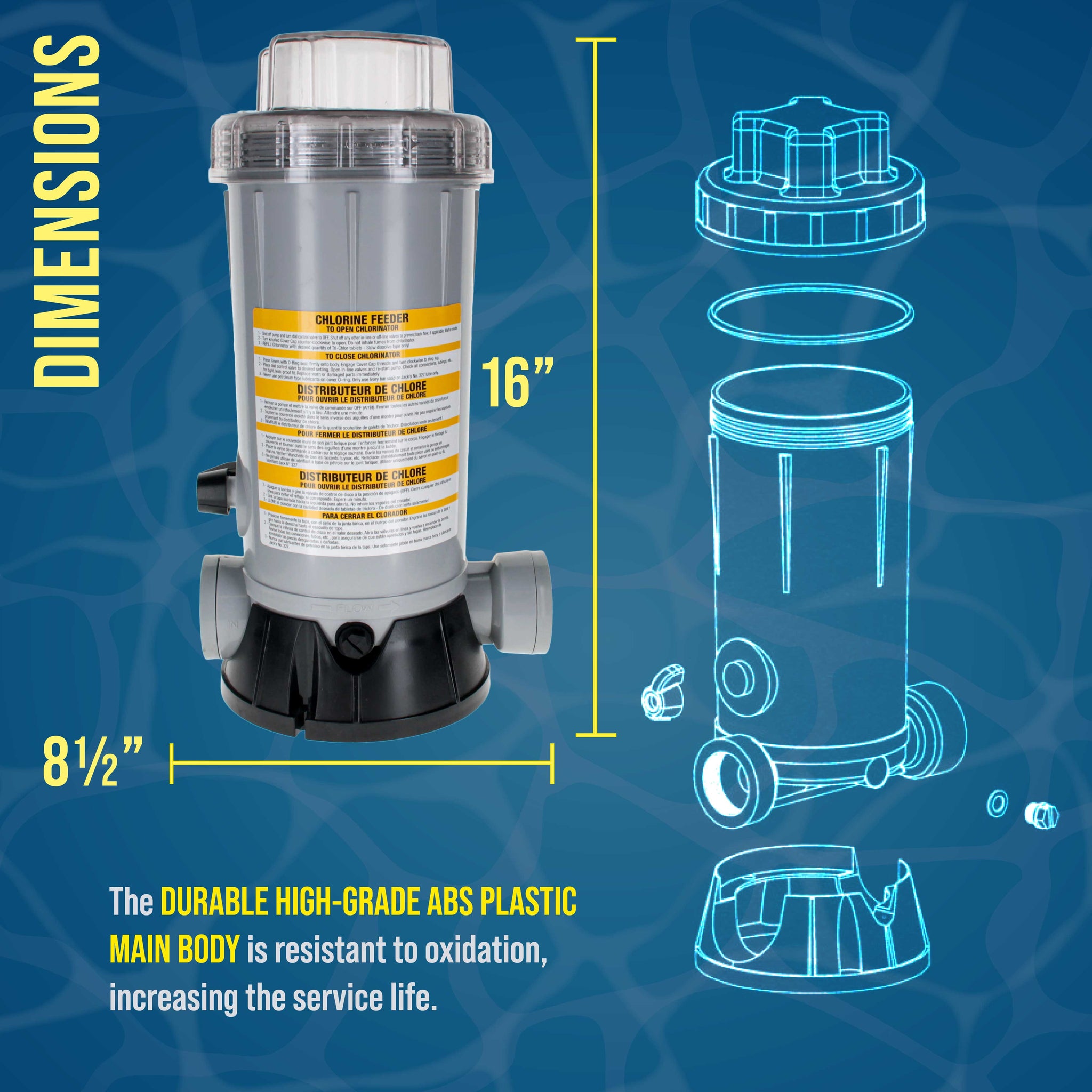 Professional In-Line Pool Automatic Chlorine Feeder - 9 lb Chemical Capacity, Compatible with Hayward CL200 Chlorinator - Above Ground Swimming Pools, Lid Wrench, Easy Installation