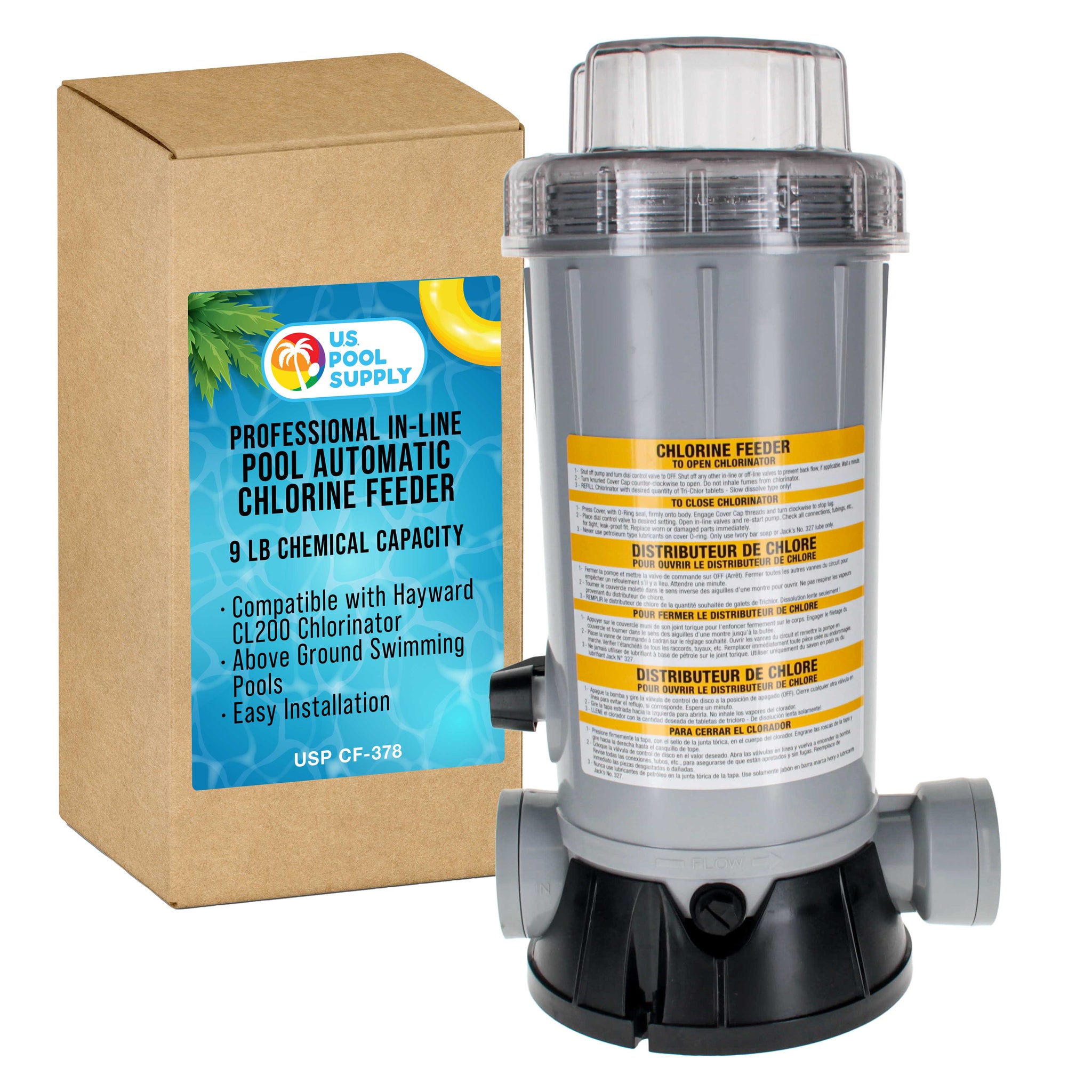 Professional In-Line Pool Automatic Chlorine Feeder - 9 lb Chemical Capacity, Compatible with Hayward CL200 Chlorinator - Above Ground Swimming Pools, Lid Wrench, Easy Installation