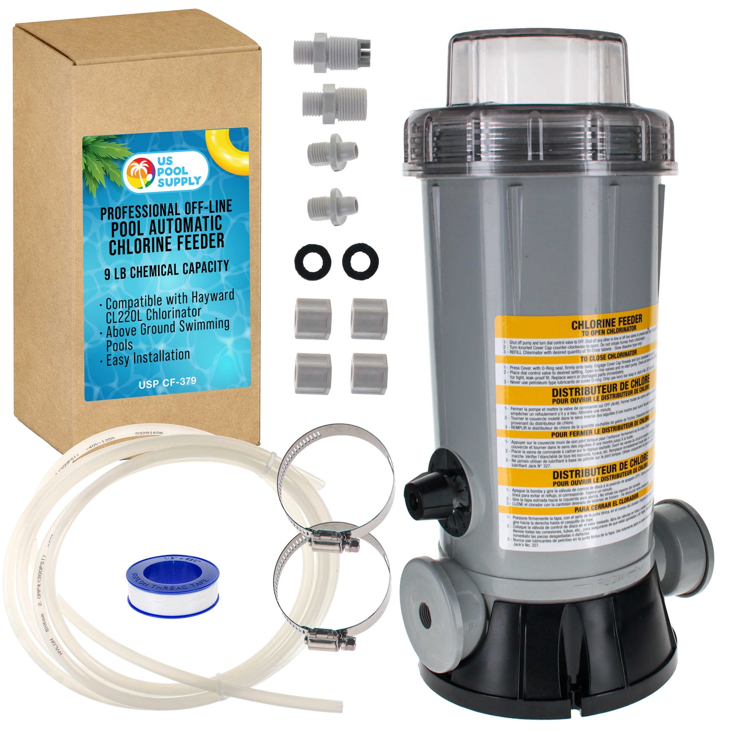 Professional Off-Line Pool Automatic Chlorine Feeder - 9 lb Chemical Capacity, Compatible with Hayward CL220 Chlorinator - Inground Above Ground Swimming Pools, Easy Secure Lid Wrench