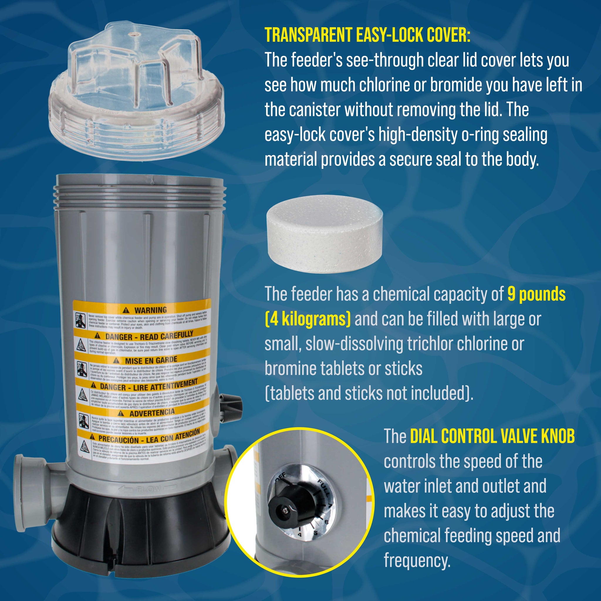 Professional Off-Line Pool Automatic Chlorine Feeder - 9 lb Chemical Capacity, Compatible with Hayward CL220 Chlorinator - Inground Above Ground Swimming Pools, Easy Secure Lid Wrench