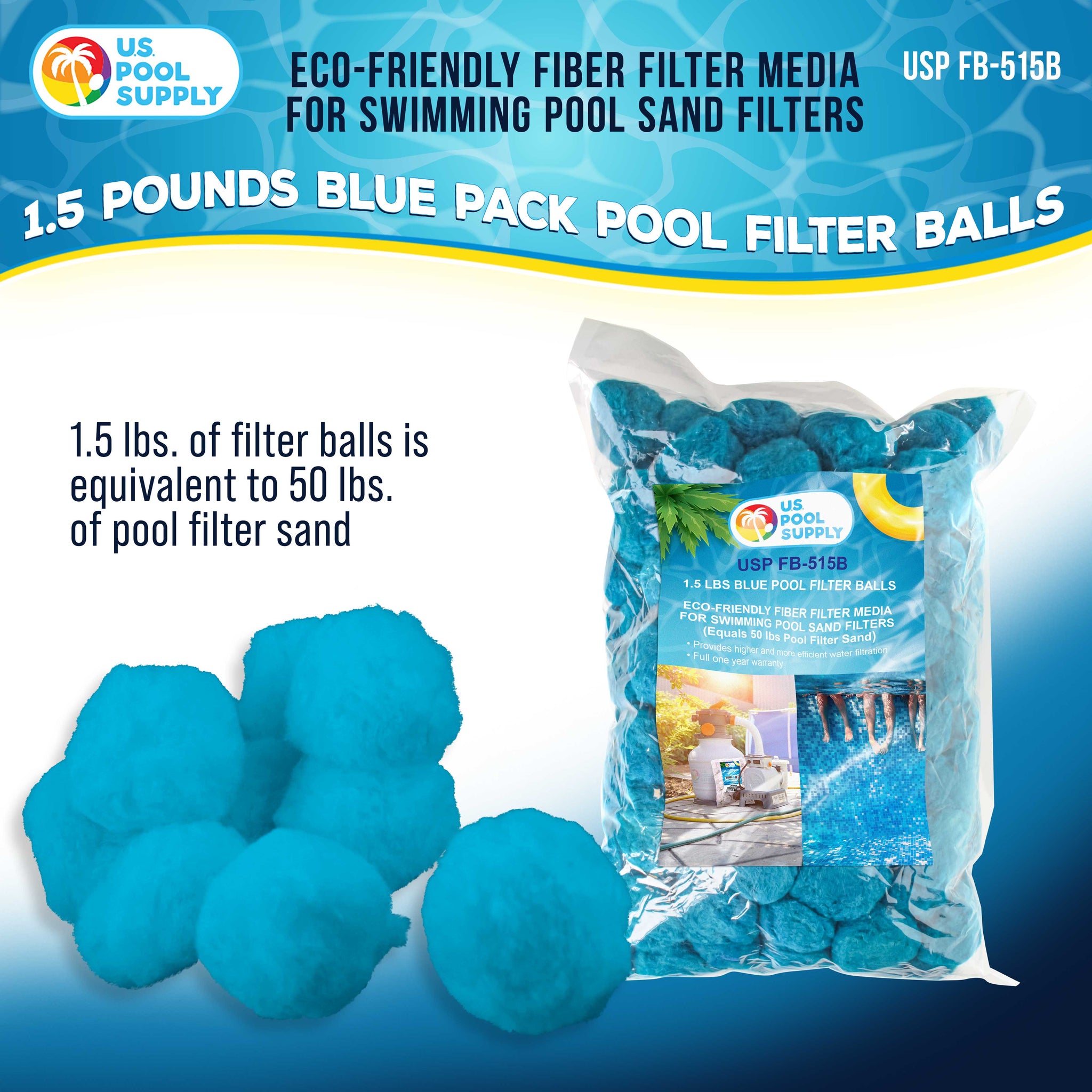 1.5 lbs Blue Pool Filter Balls - Eco-Friendly Fiber Filter Media for Swimming Pool Sand Filters (Equals 50 lbs Pool Filter Sand)