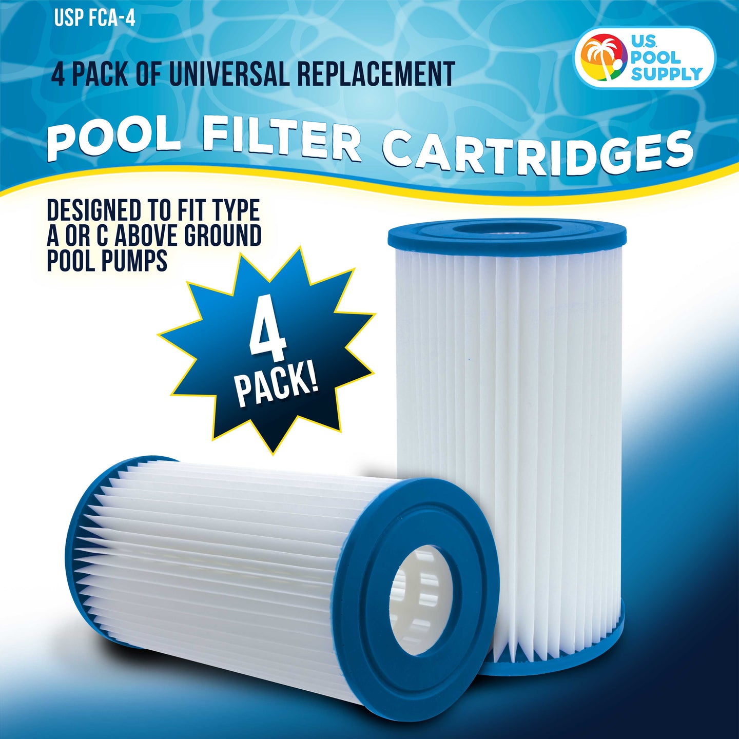 4 Pack of Universal Replacement Filter Cartridges, Type A or C, Compatible with Above Ground Swimming Pool Pumps Using A or C Filters