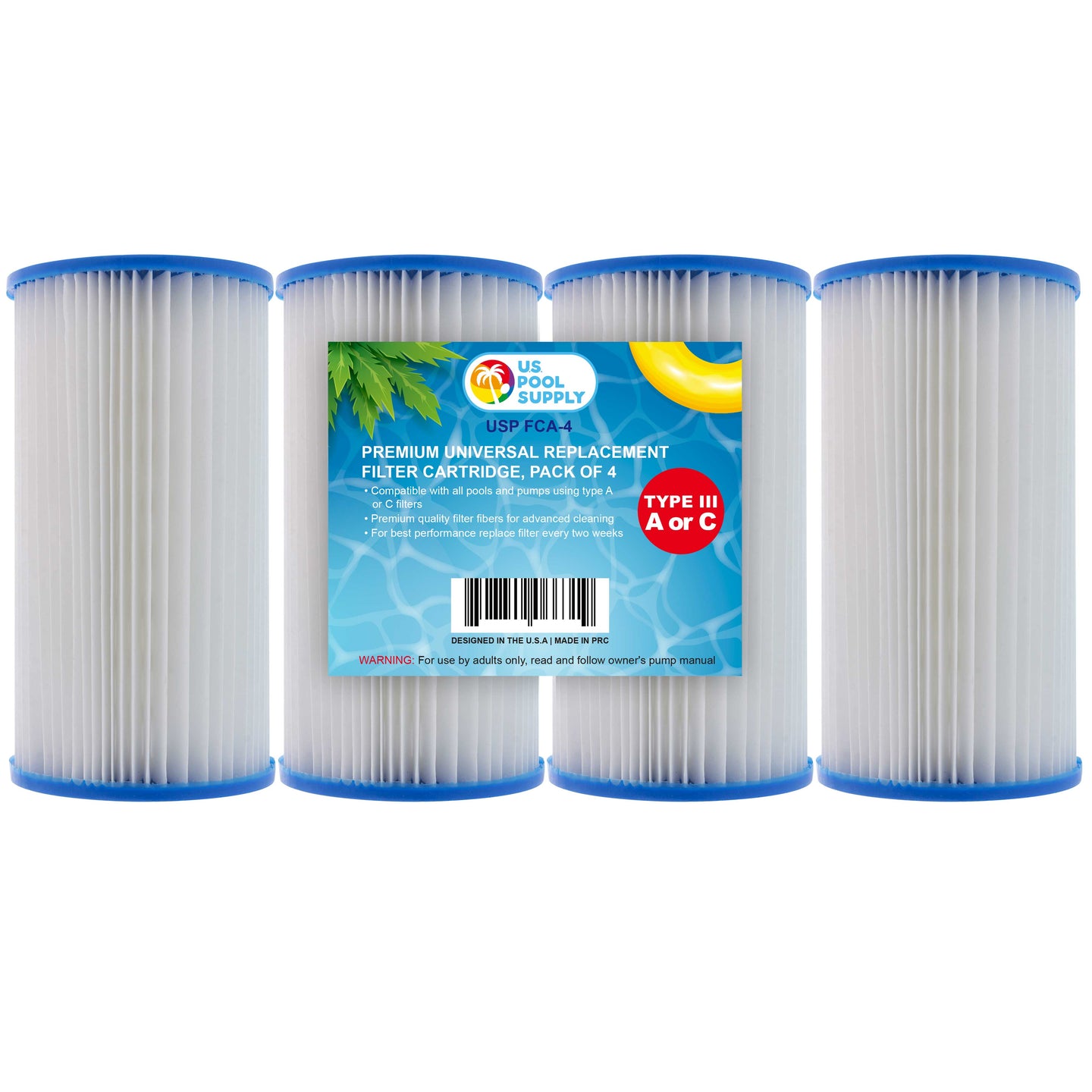 4 Pack of Universal Replacement Filter Cartridges, Type A or C, Compatible with Above Ground Swimming Pool Pumps Using A or C Filters