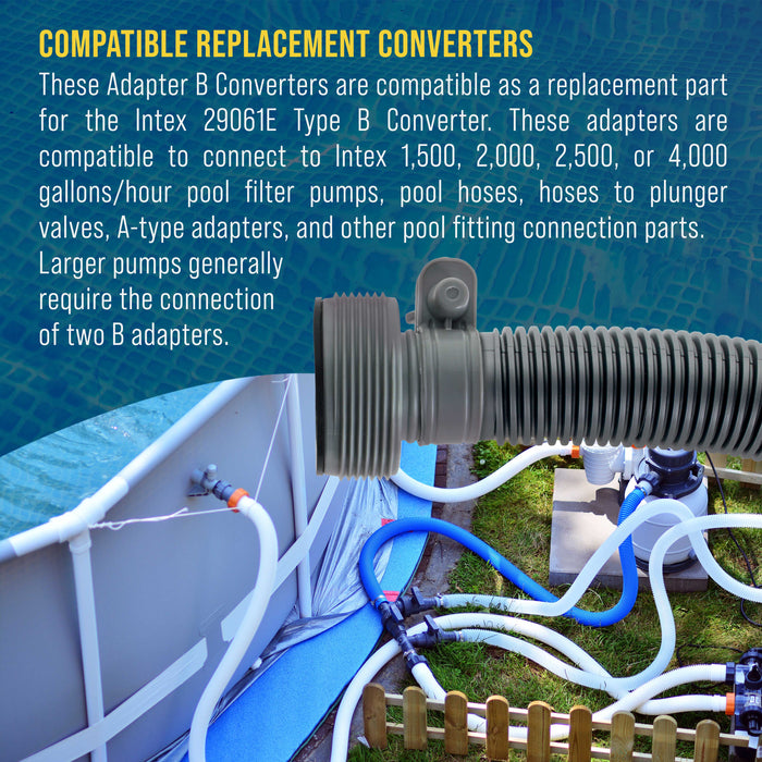 Pool Hose Adapter B Conversion 1.25" to 1.5" Hose Connector with Clamps, Pack of 2 - Above Ground Replacement Compatible with Intex Pool Filter Pumps, Sand Filters, Saltwater Systems
