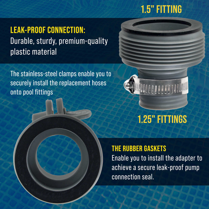 Pool Hose Adapter B Conversion 1.25" to 1.5" Hose Connector with Clamps, Pack of 2 - Above Ground Replacement Compatible with Intex Pool Filter Pumps, Sand Filters, Saltwater Systems