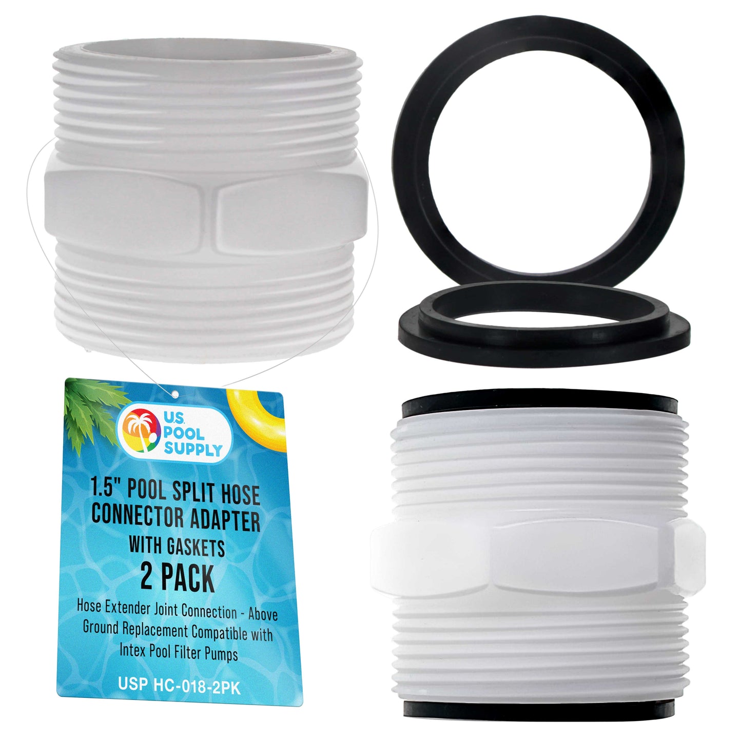 1.5" Pool Split Hose Connector Adapter with Gaskets, Pack of 2 - Hose Extender Joint Connection - Above Ground Replacement Compatible with Intex Pool Filter Pumps