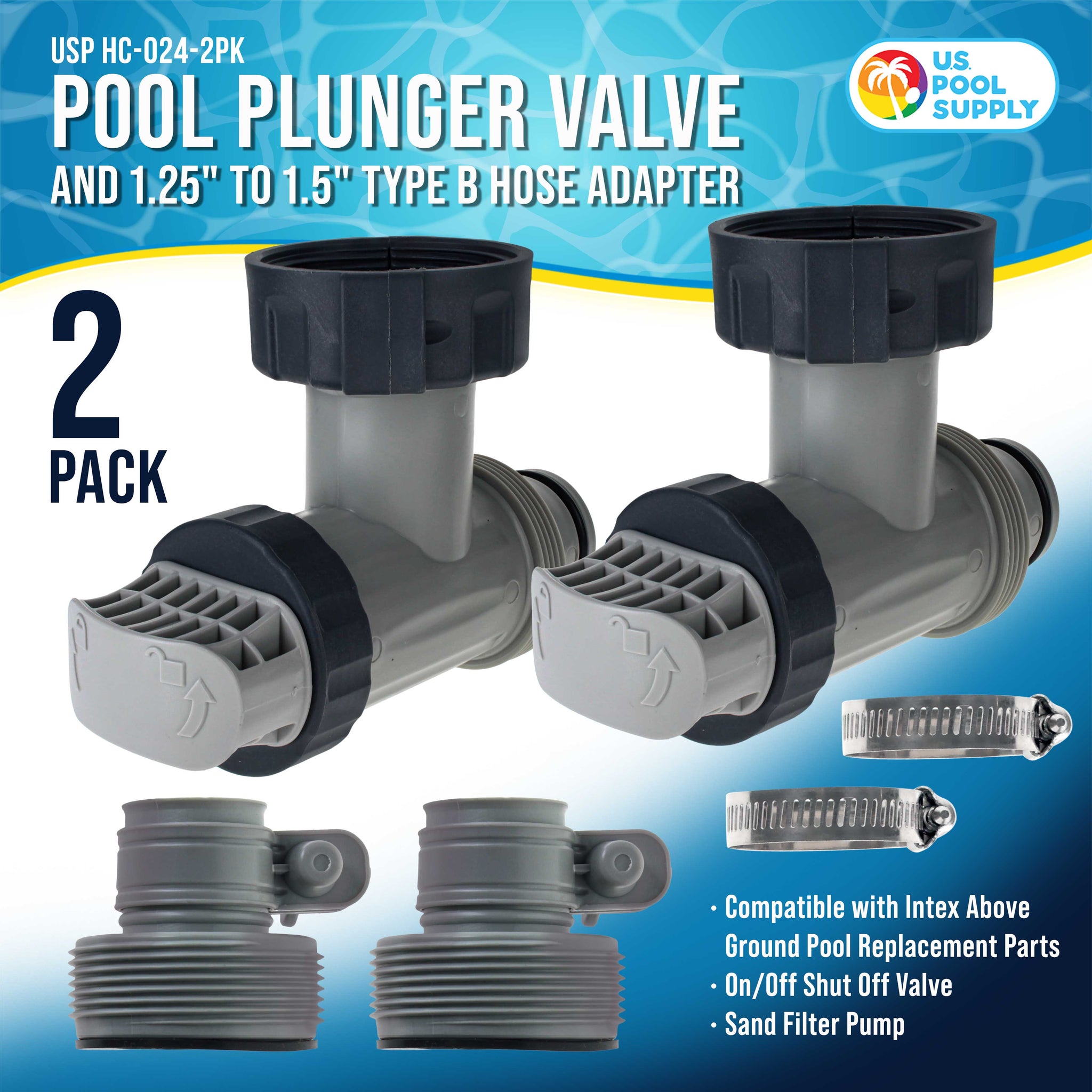 Pool Plunger Valve and 1.25" to 1.5" Type B Hose Adapter, Pack of 2 - Compatible with Intex Above Ground Pool Replacement Parts - On/Off Shut Off Valve, Sand Filter Pump