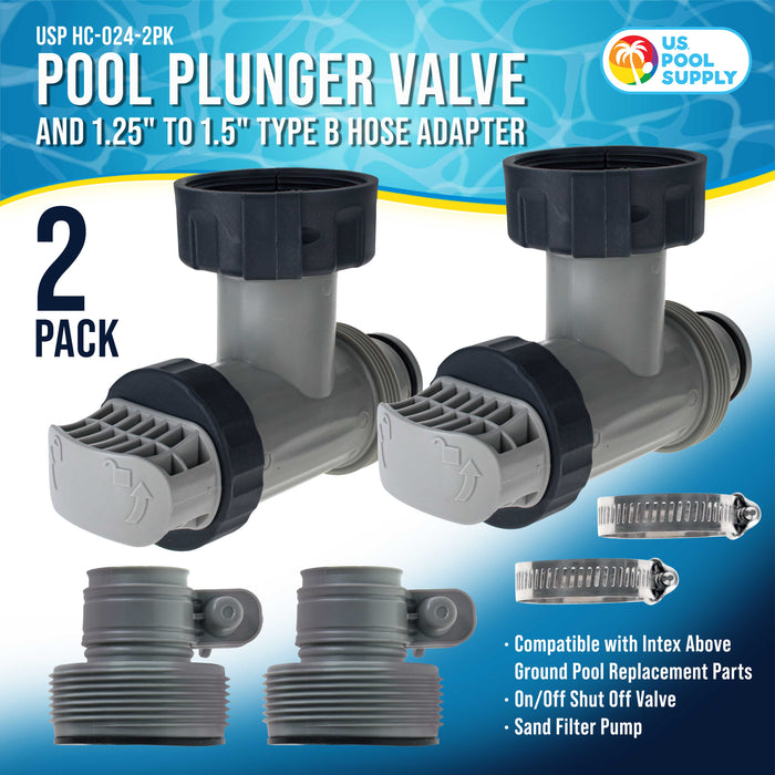 Pool Plunger Valve and 1.25" to 1.5" Type B Hose Adapter, Pack of 2 - Compatible with Intex Above Ground Pool Replacement Parts - On/Off Shut Off Valve, Sand Filter Pump