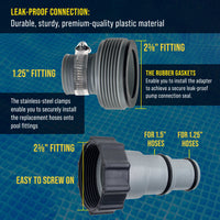 Pool Hose Adapter A B Conversion 1.25" to 1.5" Hose Connector with Clamps, Pack of 2 - Above Ground Replacement Compatible with Intex Pool Filter Pumps, Sand Filters Saltwater Systems