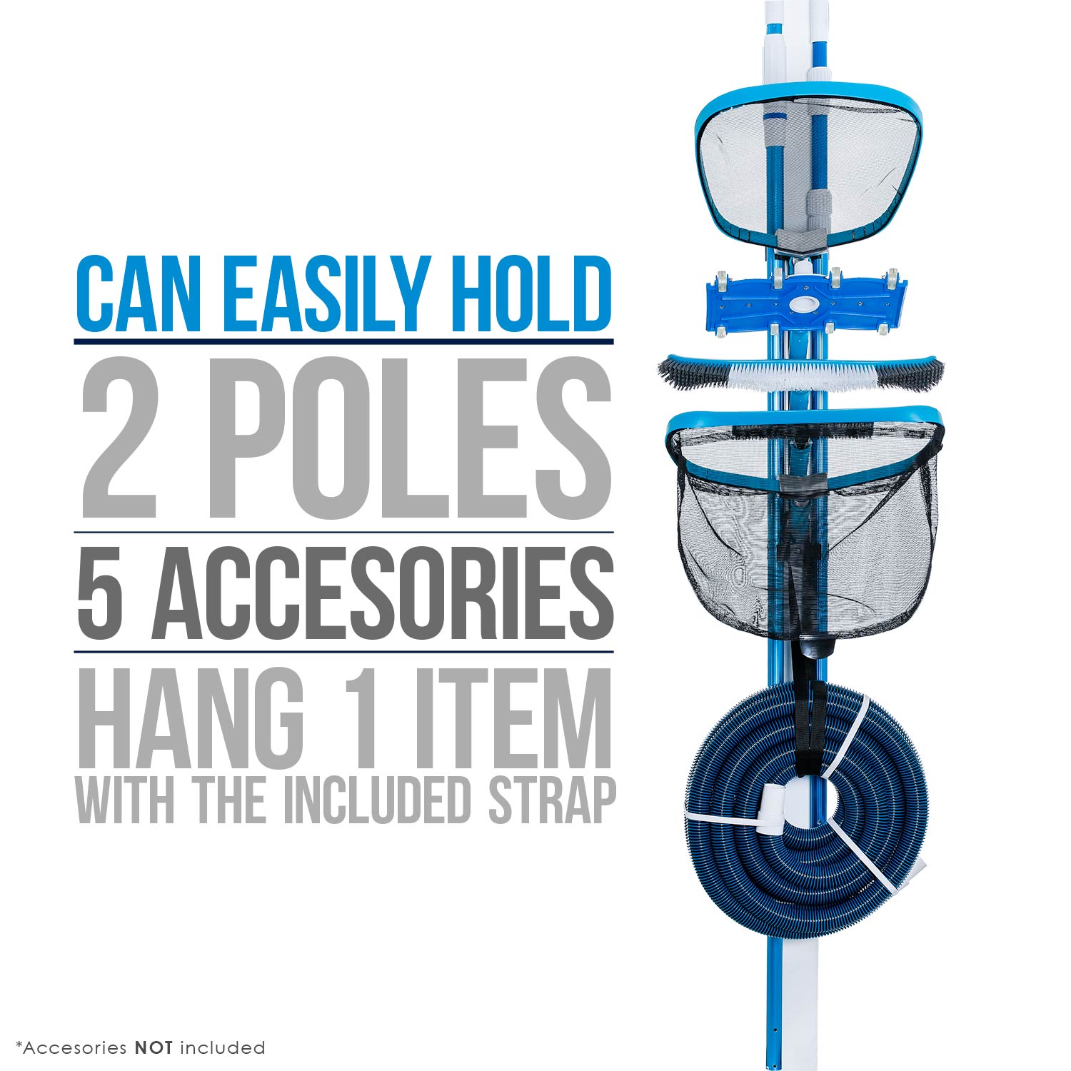 Pool Cleaning Accessory Organizer and Holder Rack - Store Poles, Brushes, Nets, Vacuums - Caddy Hanger for Swimming Pool Spa Attachment Accessories