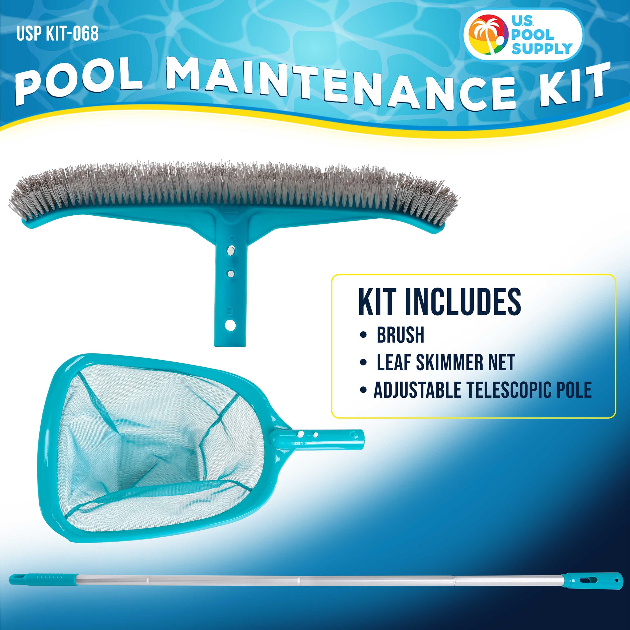 Pool Maintenance Kit with Leaf Skimmer Net, Brush & Adjustable Telescopic Pole - 6" Deep Mesh Netting, Nylon Brush Clean Sweep Debris
