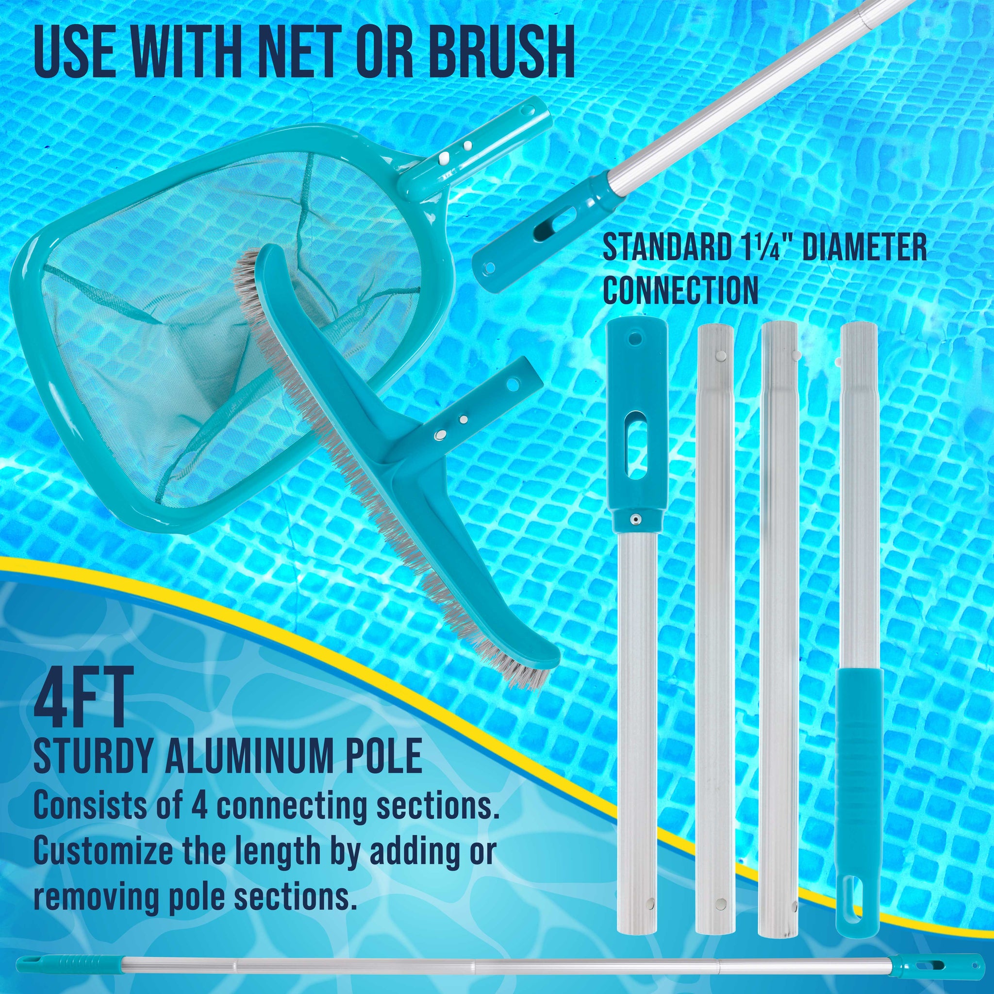 Pool Maintenance Kit with Leaf Skimmer Net, Brush & Adjustable Telescopic Pole - 6" Deep Mesh Netting, Nylon Brush Clean Sweep Debris