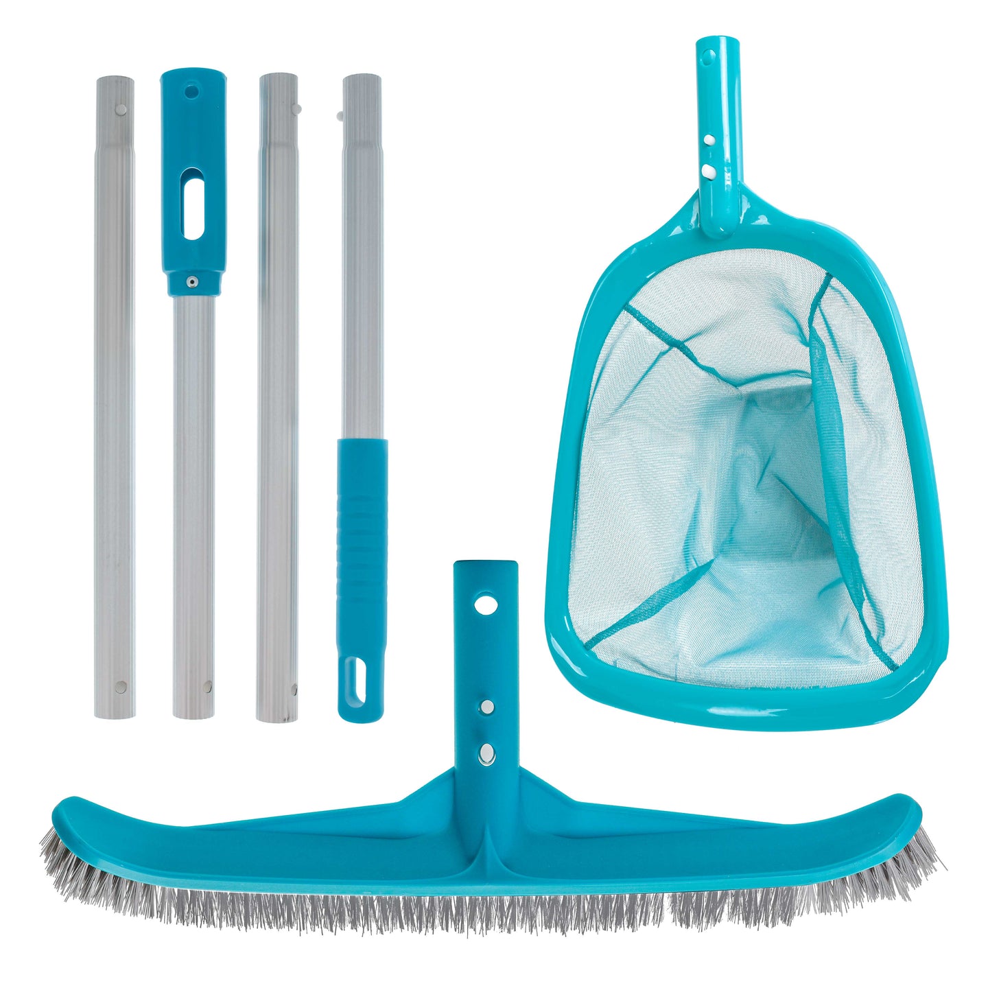 Pool Maintenance Kit with Leaf Skimmer Net, Brush & Adjustable Telescopic Pole - 6" Deep Mesh Netting, Nylon Brush Clean Sweep Debris