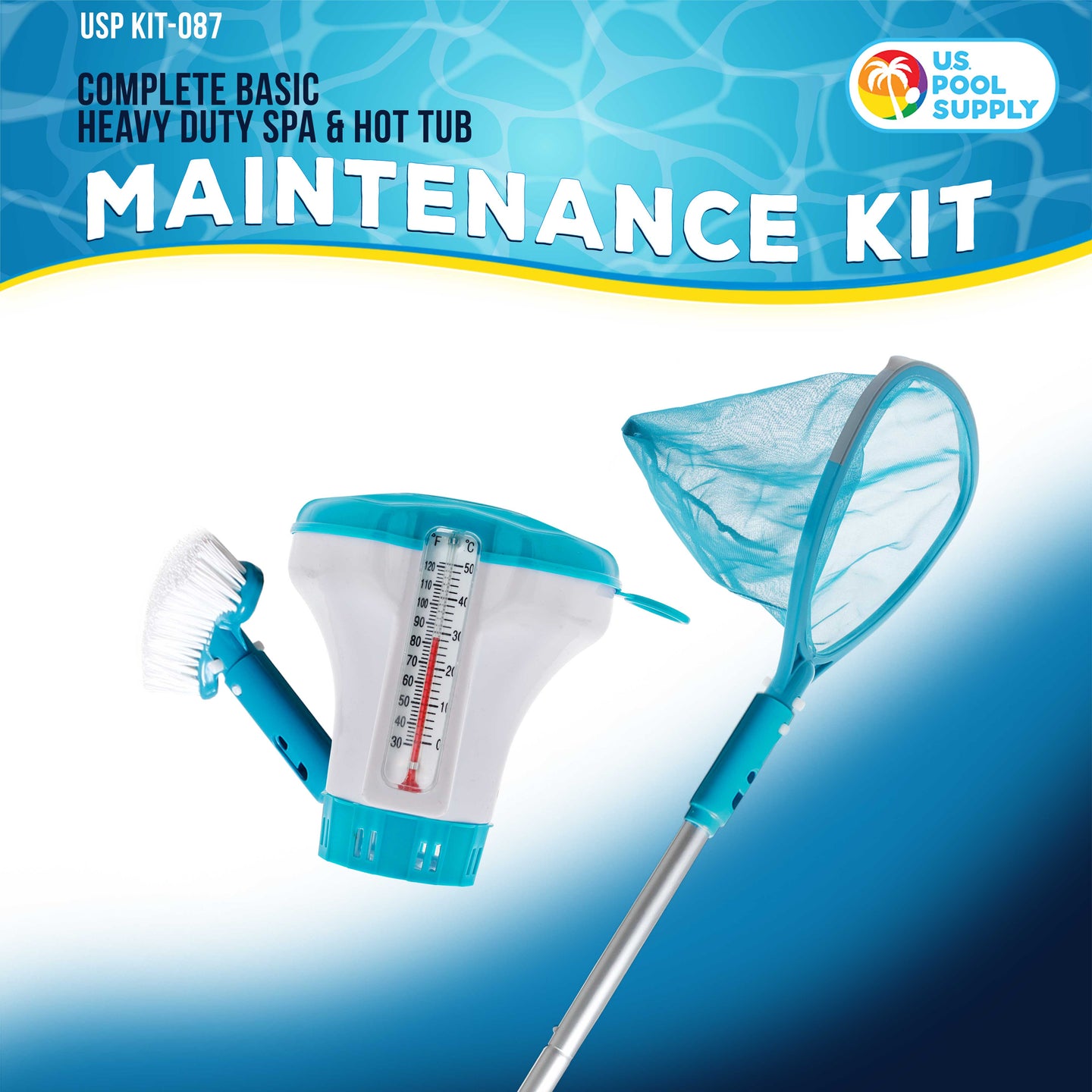 Heavy-Duty Spa, Hot Tub, Pond Cleaning & Maintenance Set - Skimmer Net, Deep Fine Mesh Netting, Scrub Brush, 4 Foot Pole, Floating Chlorine Dispenser