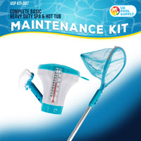 Heavy-Duty Spa, Hot Tub, Pond Cleaning & Maintenance Set - Skimmer Net, Deep Fine Mesh Netting, Scrub Brush, 4 Foot Pole, Floating Chlorine Dispenser