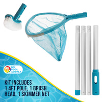 Heavy-Duty Spa, Hot Tub, Pond Cleaning & Maintenance Set - Skimmer Net, Deep Fine Mesh Netting, Scrub Brush, 4 Foot Pole, Floating Chlorine Dispenser