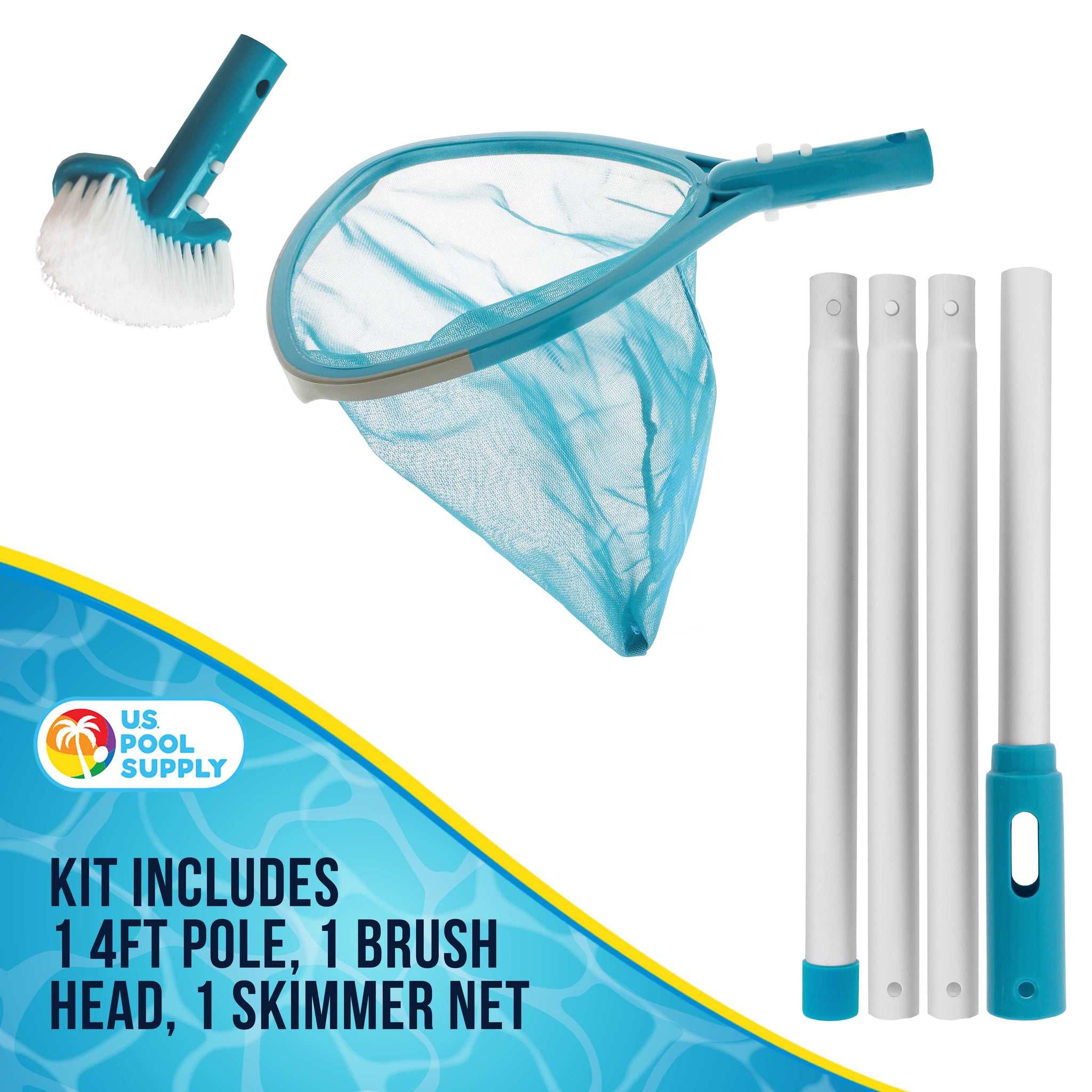 Heavy-Duty Spa, Hot Tub, Pond Cleaning & Maintenance Set - Skimmer Net, Deep Fine Mesh Netting, Scrub Brush, 4 Foot Pole, Floating Chlorine Dispenser